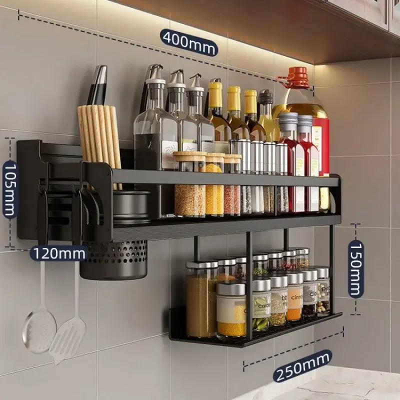 ChefSpace™ Duo-Tier Wall Shelf – No-Drill Spice & Knife Organizer